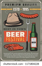 Beer festival retro poster for traditional Oktoberfest or Bavarian brewery house. Vector vintage design of man hat, curry wurst sausages and craft or lager beer bottle for premium quality pub or bar