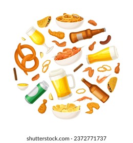 Beer Festival Round Composition Design with Snack and Alcoholic Drink Vector Template