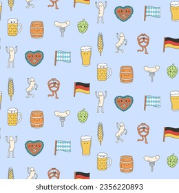 Beer festival seamless pattern. Fun food character in y2k style