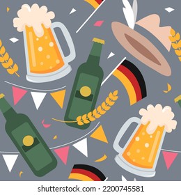 Beer Festival. Seamless vector pattern for Oktoberfest from beer, wheat, Germany flag. Flat modern illustration.