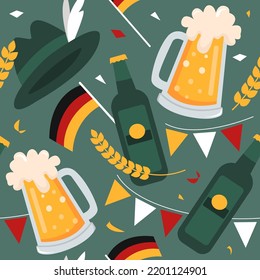 Beer Festival. Seamless vector pattern for Oktoberfest from beer, wheat, Germany flag. Flat modern illustration.