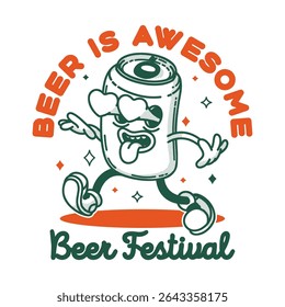 Beer festival signboard logo template. Retro tin can of beer mascot for promo banner flyer