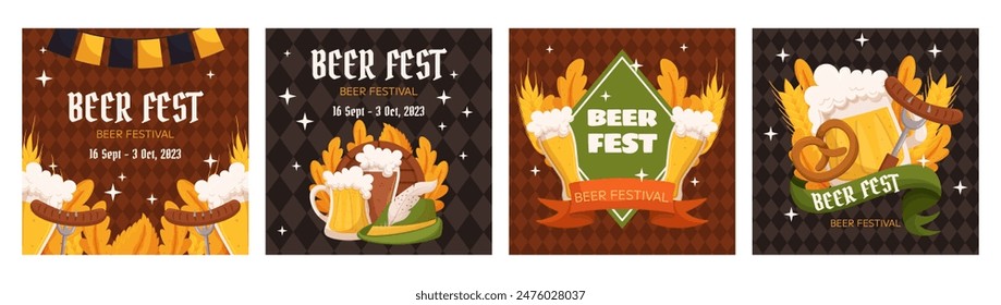 Beer festival square social media post collection template. Design with glass of beer, wheat and leaves, banner ribbon and other festive objects on dark rhombus background 