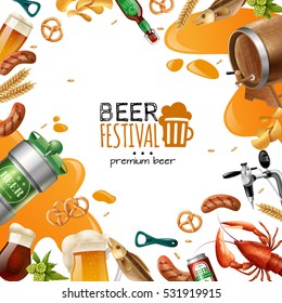 Beer festival template with can crisps potato glasses barrel mug pretzel lobster wheat bottle opener vector illustration