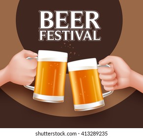 Beer Festival Toast of Two Man Holding Mug for Celebration. 3D Realistic Vector Illustration
