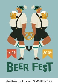 Beer festival. Two fun men in a national costume holding beer and a pretzel. Vector flat illustration.