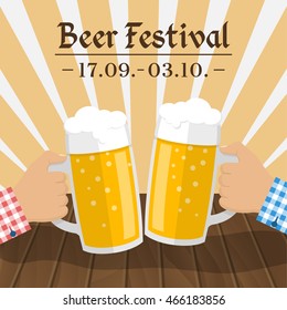 Beer festival. Two glasses in hands of men, toast. Vector illustration flat style design. Poster, banner. Beer mugs with splash and foam. Sitting at a table in the pub at celebration.