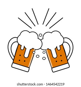  Beer festival. Two glasses of beer , knocking on each other, toast, doodles vector illustration of a holiday, fun, with alcohol, a splash of beer foam.