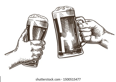 Beer festival. Two hands holding the beer glass and beer mug. Vintage vector engraving illustration for web, poster, invitation to party oktoberfest festival.