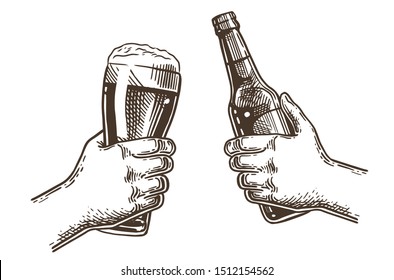 Beer festival. Two hands holding the beer glass and beer bottle. Vintage vector engraving illustration for web, poster, invitation to party oktoberfest festival.