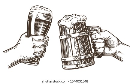 Beer festival. Two hands holding the beer glass and  wood mug. Vintage vector engraving illustration for web, poster, invitation to party oktoberfest festival.