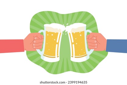 Beer festival, two hands holding beer glasses. Men cheers cold foam drinks in bar or pub. Oktoberfest toast. Friends drinking. Emblem or label. Cartoon flat isolated vector concept