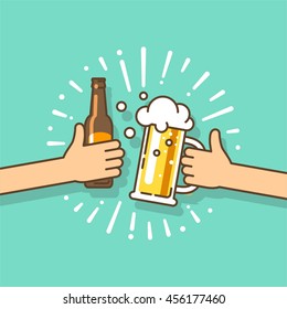 Beer festival. Two hands holding the beer bottle and beer glass. Vector illustration in flat style.