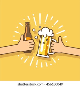 Beer festival. Two hands holding the beer bottle and beer glass. Vector illustration in flat style.