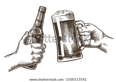 Beer festival. Two hands holding the beer bottle and beer mug. Vintage vector engraving illustration for web, poster, invitation to party oktoberfest festival.