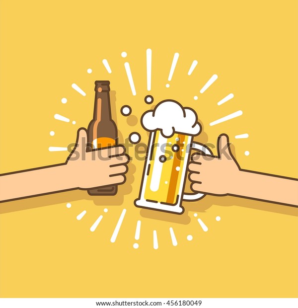 Beer festival. Two hands\
holding the beer bottle and beer glass. Vector illustration in flat\
style.