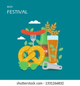 Beer festival vector flat illustration. Bottle and mug of beer, pretzel, wheat ears, hops, fork with sausage, bottle opener. Oktoberfest celebration concept for web banner, website page etc.