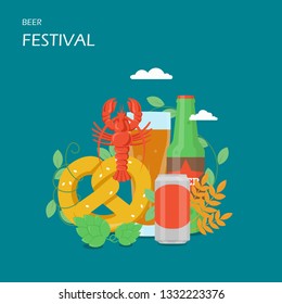 Beer festival vector flat illustration. Bottle and mug of beer, can, pretzel, wheat ears, hops, lobster, bottle opener. Oktoberfest celebration concept for web banner, website page etc.