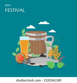 Beer festival vector flat illustration. Barrel and mug of beer, wheat ears, hops, salted dried fish, bottle cap and opener. Oktoberfest celebration concept for web banner, website page etc.