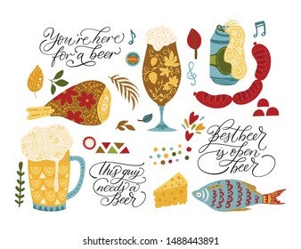 Beer festival vector illustrations with lettering quotes. Oktoberfest icon collections with beer glass, chicken, fish and sausages.