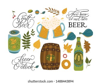 Beer festival vector illustrations with lettering quotes. Oktoberfest icon collections with barrel, beer glass, gingerbread.