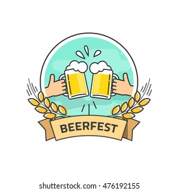 Beer festival vector label isolated on white background, flat hands holding beer glasses with foam and bubbles, 