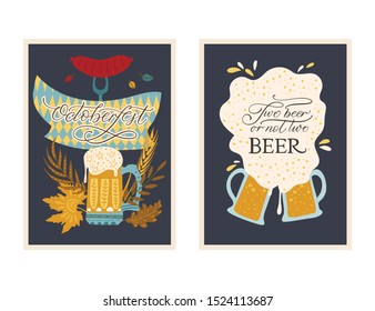 Beer festival vector ornate card set. Poster collection with ornate illustrations. Oktoberfest detailed colored card with lettering quote. Two beer or not two beer.