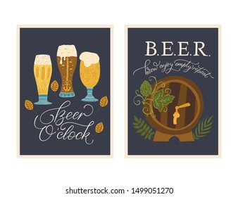 Beer festival vector ornate illustration. Oktoberfest detailed card with lettering quote. Poster collection. Beer o'clock. Brew, enjoy, empty, repeat.