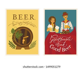 Beer festival vector ornate illustration. Oktoberfest detailed card set with lettering quote. Poster collection with beer barrel, hop and happy people.