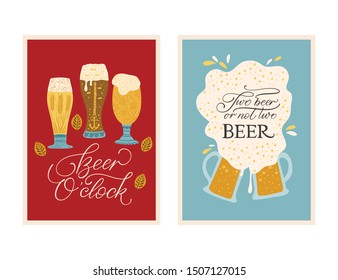 Beer festival vector ornate illustration. Oktoberfest detailed card set with lettering quotes in scandinavian style. Beer o'clock. Two beer or not two beer.