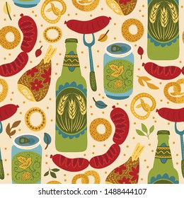 Beer festival vector seamless pattern. Oktoberfest color illustration with chicken, sausage and gingerbread snack.