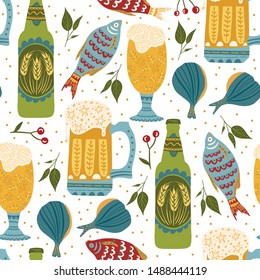 Beer festival vector seamless pattern. Oktoberfest colour ornate illustration with beer bottles, glasses and fish snack.