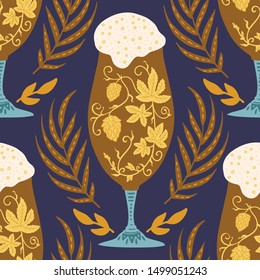 Beer festival vector seamless pattern. Oktoberfest colour illustration with ornate dark beer glass and wheel spikelets.