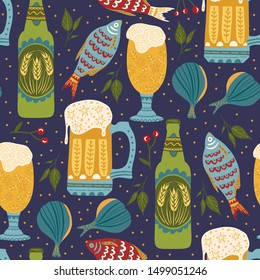 Beer festival vector seamless pattern. Oktoberfest colour ornate illustration with beer bottles, glasses and fish snack.