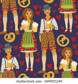 Beer festival vector seamless pattern. Oktoberfest colour illustration with happy man and woman in traditional clothes drinking beer with gingerbread.