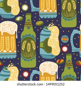 Beer festival vector seamless pattern. Oktoberfest colour ornate illustration with beer bottles and glasses.