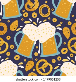 Beer festival vector seamless pattern. Oktoberfest colour illustration with two beer glasses and gingerbreads.