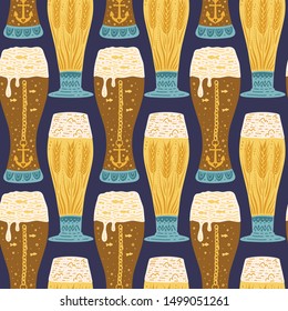 Beer festival vector seamless pattern in flat scandinavian style. Oktoberfest colour illustration with dark and light beer in glasses.