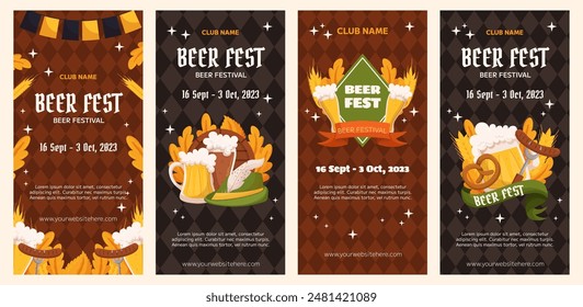 Beer festival vertical banner collection template. Design with glass of beer, wheat and leaves, banner ribbon and other festive objects on dark rhombus background