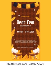 Beer festival vertical banner template design. Design with glass of beer, forks with grilled sausage, wheat and leaves, black and yellow garland. Rhombus pattern on back