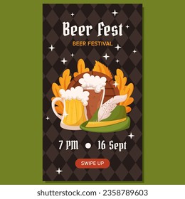 Beer festival vertical social media stories template. Design with glass of light and dark beer, tyrolean hat and leaves. Rhombus pattern on back