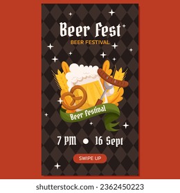 Beer festival vertical social media stories template. Design with glass of beer, pretzel and fork with sausage, wheat and leaves. Rhombus pattern on back