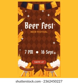 Beer festival vertical social media stories template. Design with glass of beer, forks with grilled sausage, wheat and leaves, black and yellow garland. Rhombus pattern on back