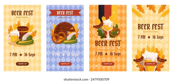 Beer festival vertical social media stories collection template. Design with glass of beer, wheat and leaves, banner ribbon and other festive objects on light rhombus background