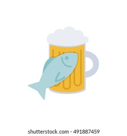 beer with fish icon. mug of beer with foam and fish.vector flat illustration