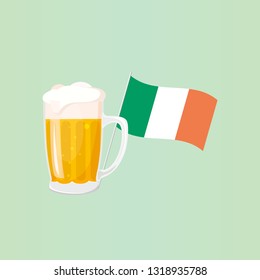 Beer and flag of Ireland on a green background.