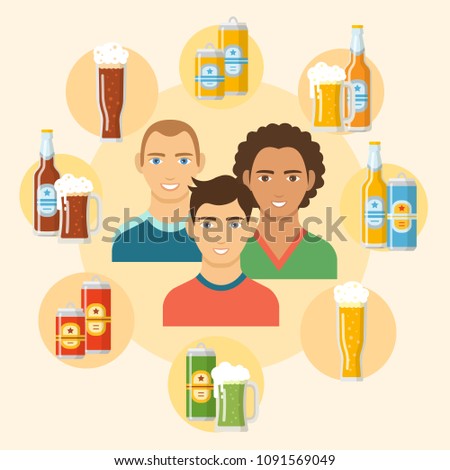 Beer flat colorful poster. Circle composition with different kinds of beer in bottles cans mugs glasses and people in centre vector illustration. Concept frame for design print media website