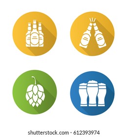 Beer flat design long shadow icons set. Hop cone, beer bottles and glasses. Vector silhouette symbols