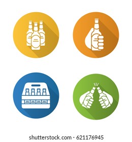 Beer flat design long shadow icons set. Cheers, box, toasting hands with beer bottles. Vector silhouette symbols