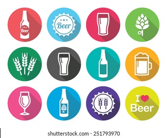 Beer flat design round icons set - bottle, glass, pint 